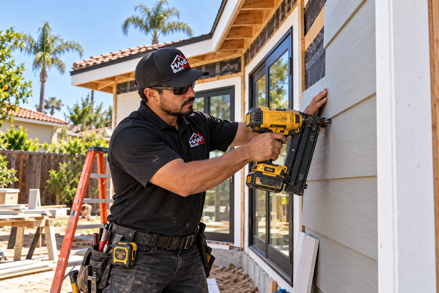 Branded contractor working on siding of a residential backyard ADU