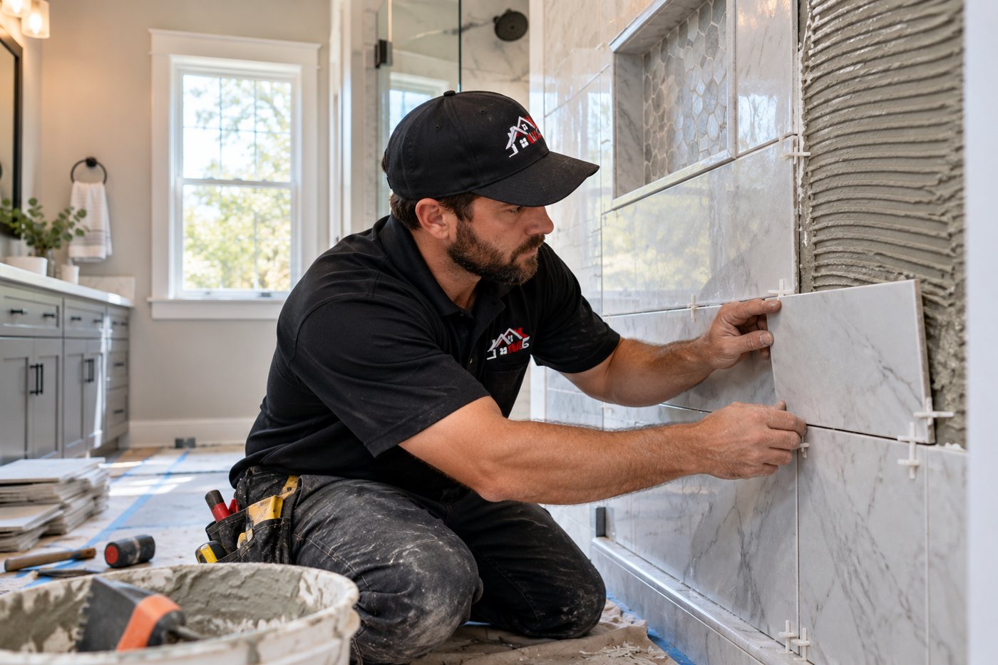 Branded contractor setting tile in a residential bathroom