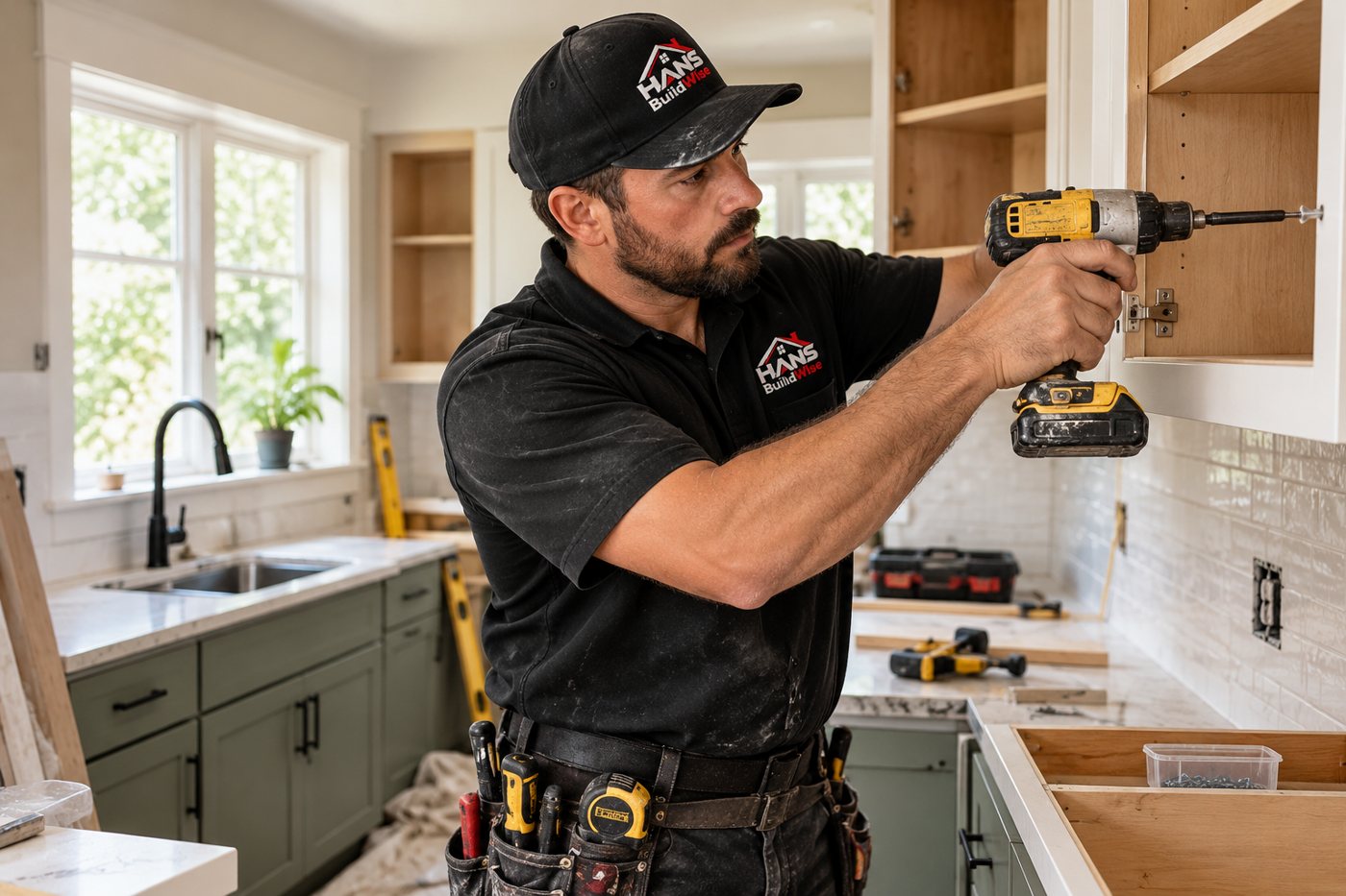 Branded contractor installing cabinets in a residential kitchen