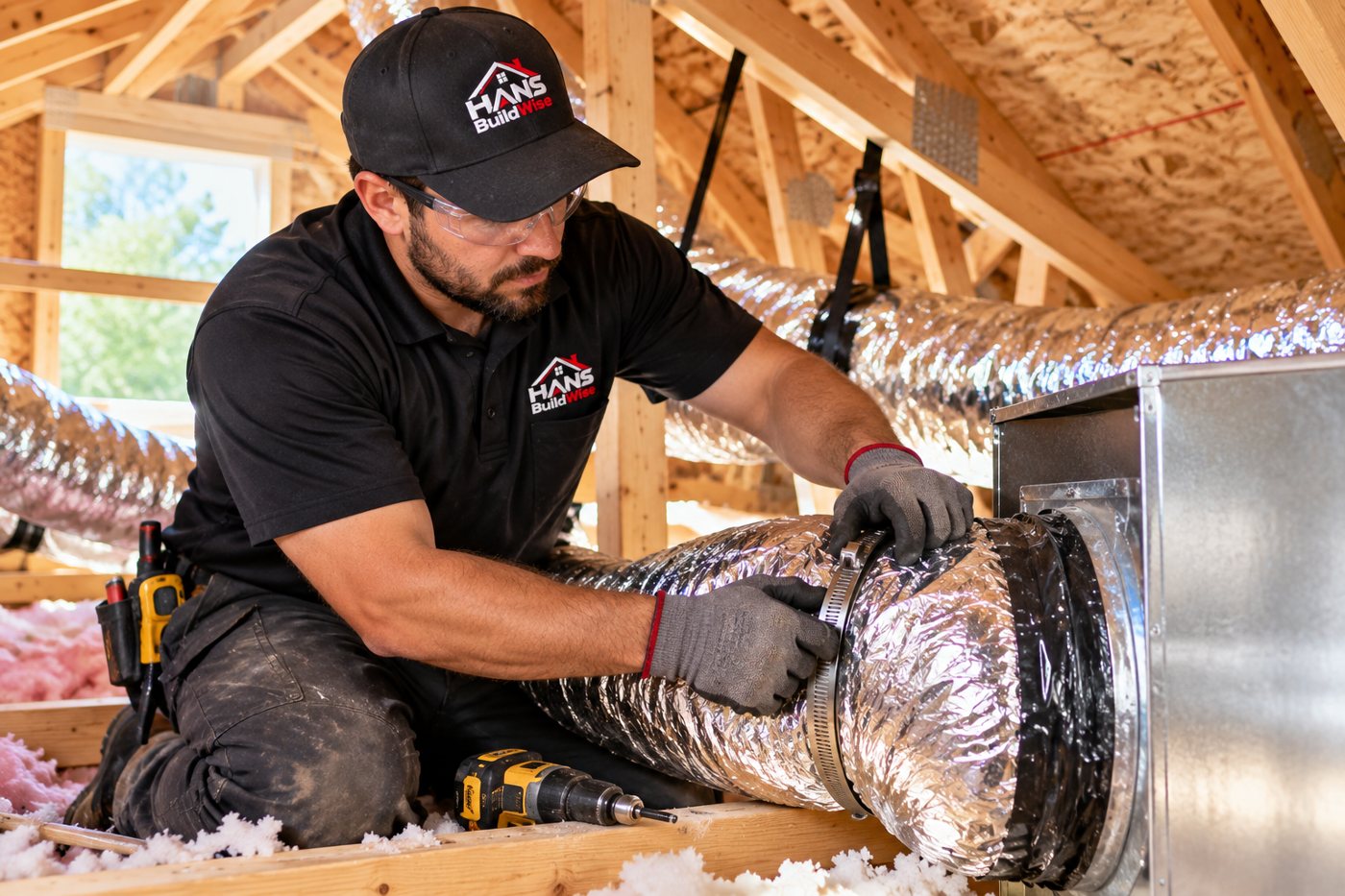 Branded technician connecting air ductwork in a residential attic