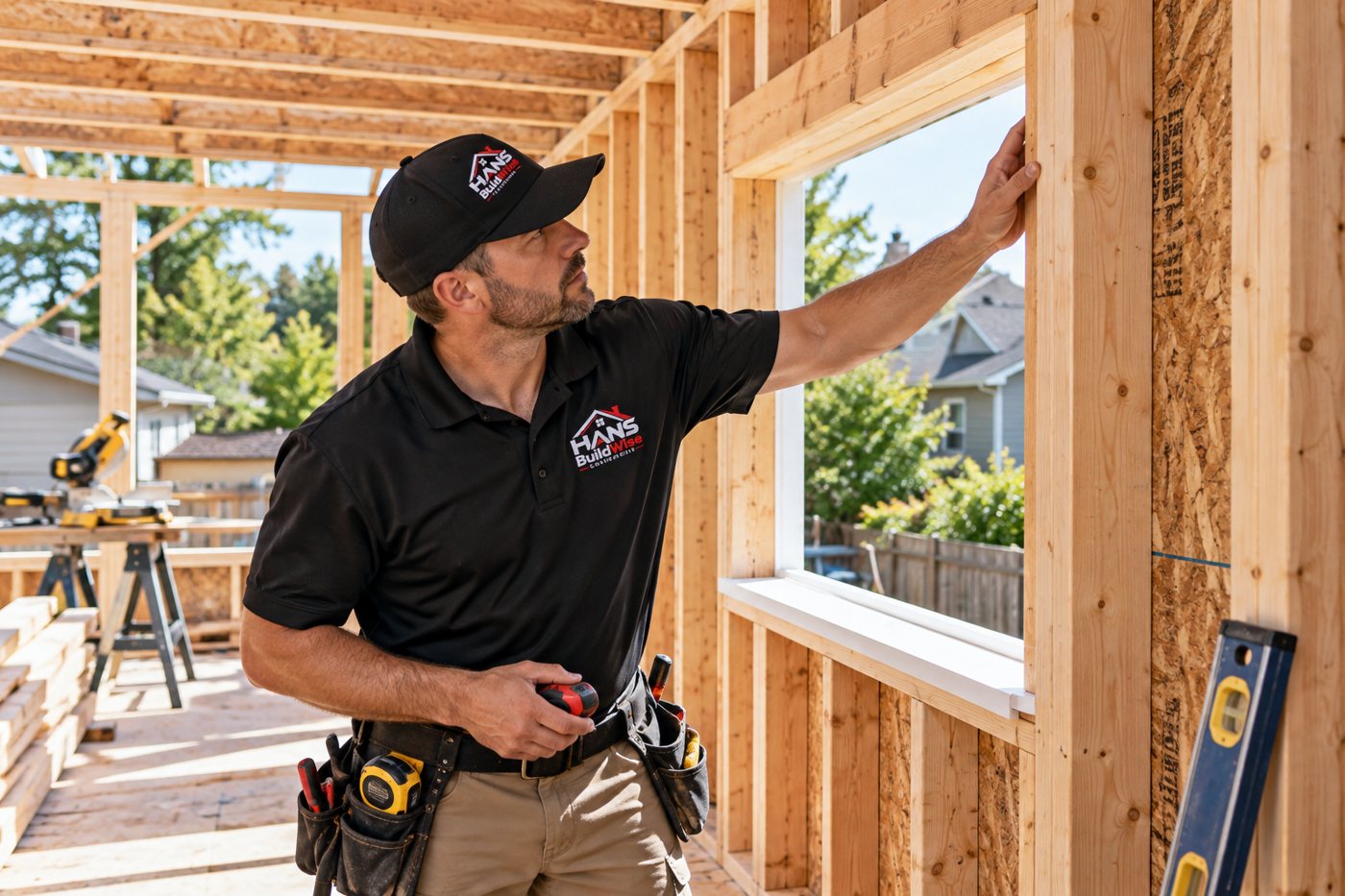 Branded contractor inspecting framing for a residential room addition