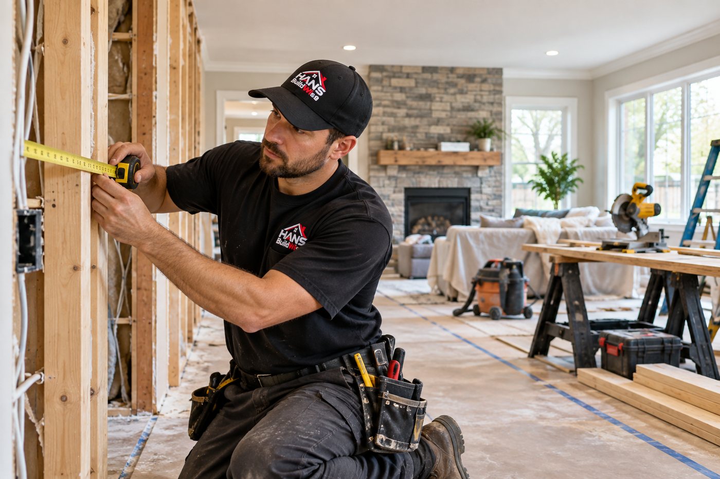 Branded residential contractor measuring a home remodeling project